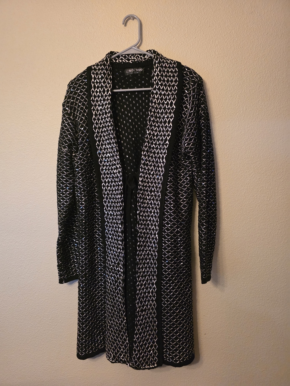 Long Open-Front Black and White Knit Cardigan Sweater